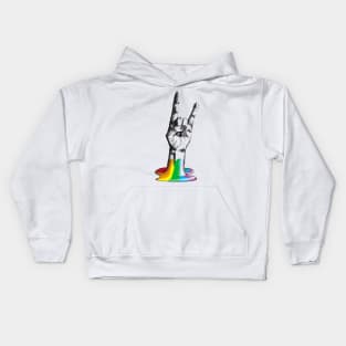 Hand making metal rock gesture coming out of rainbow Kids Hoodie